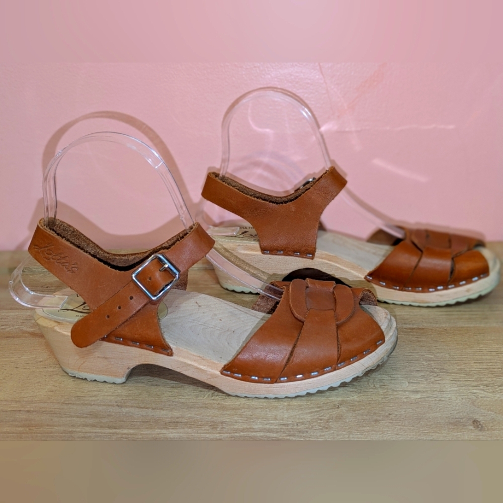 Lotta's Swedish Hasbeens Cognac Sandal Clog Wooden Heel Leather Brown - Main Image